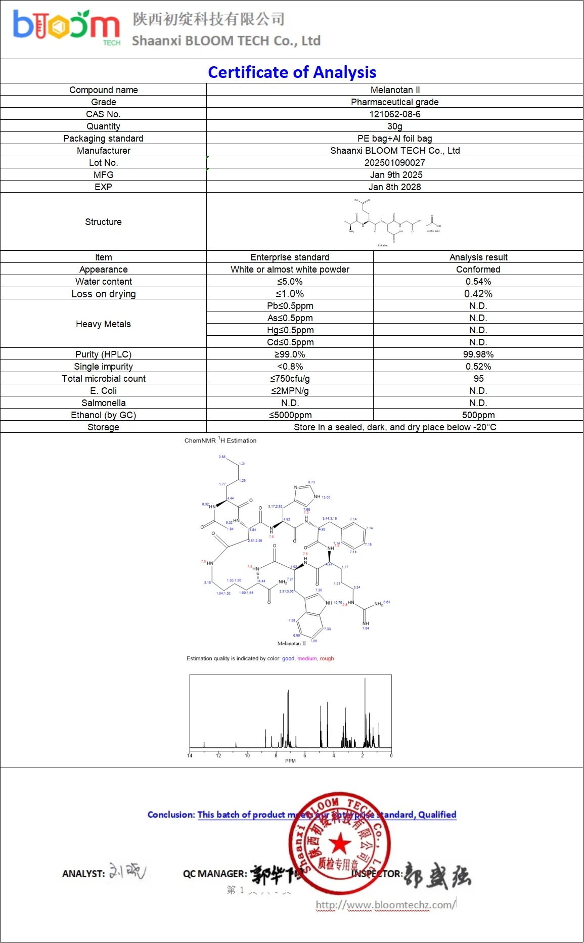 MT2 COA | Shaanxi BLOOM Tech Co., Ltd MT2 COA | Shaanxi BLOOM Tech Co., Ltd